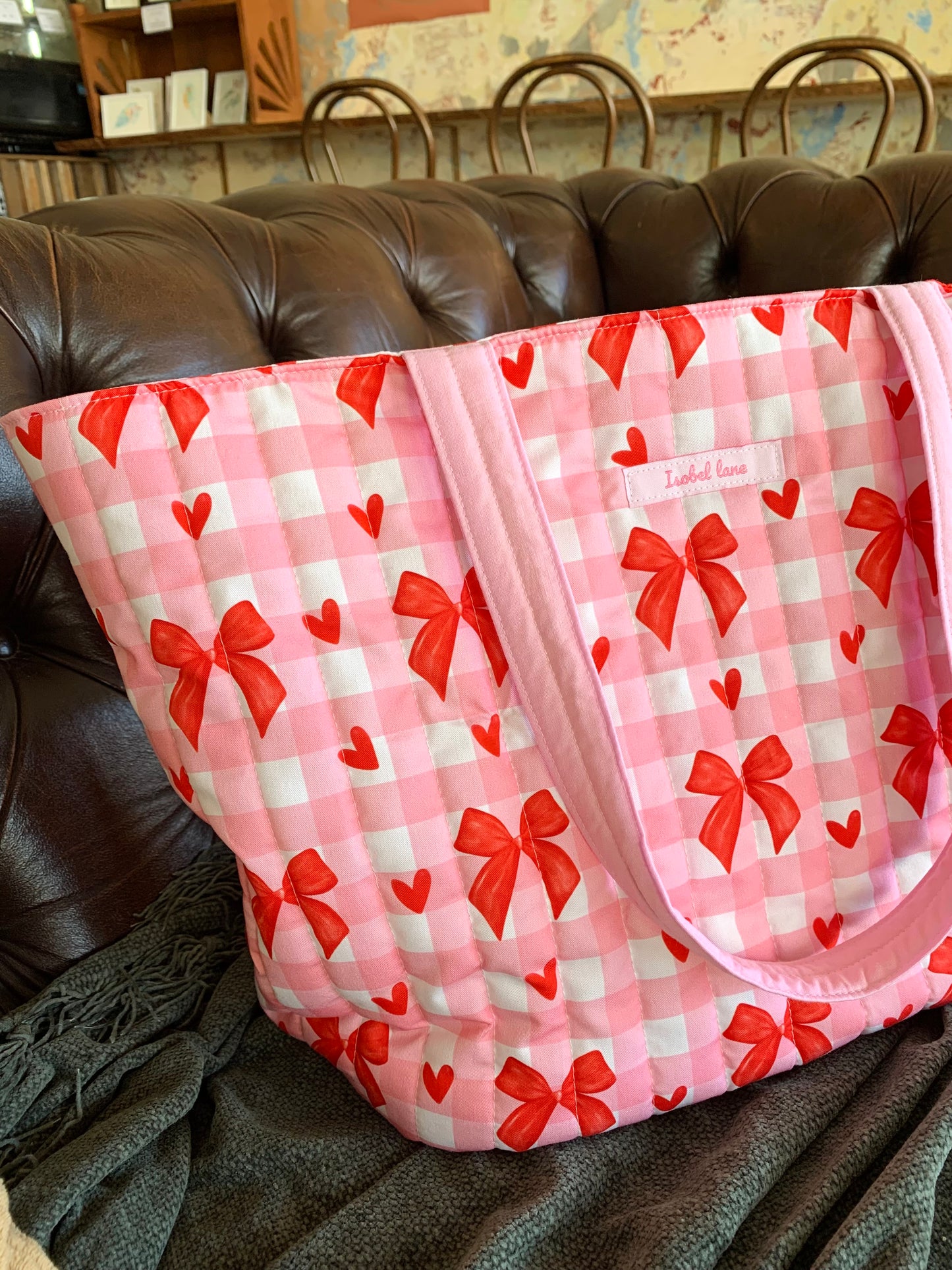 Pink Check & Red Bow Quilted Cotton Weekend Tote Bag