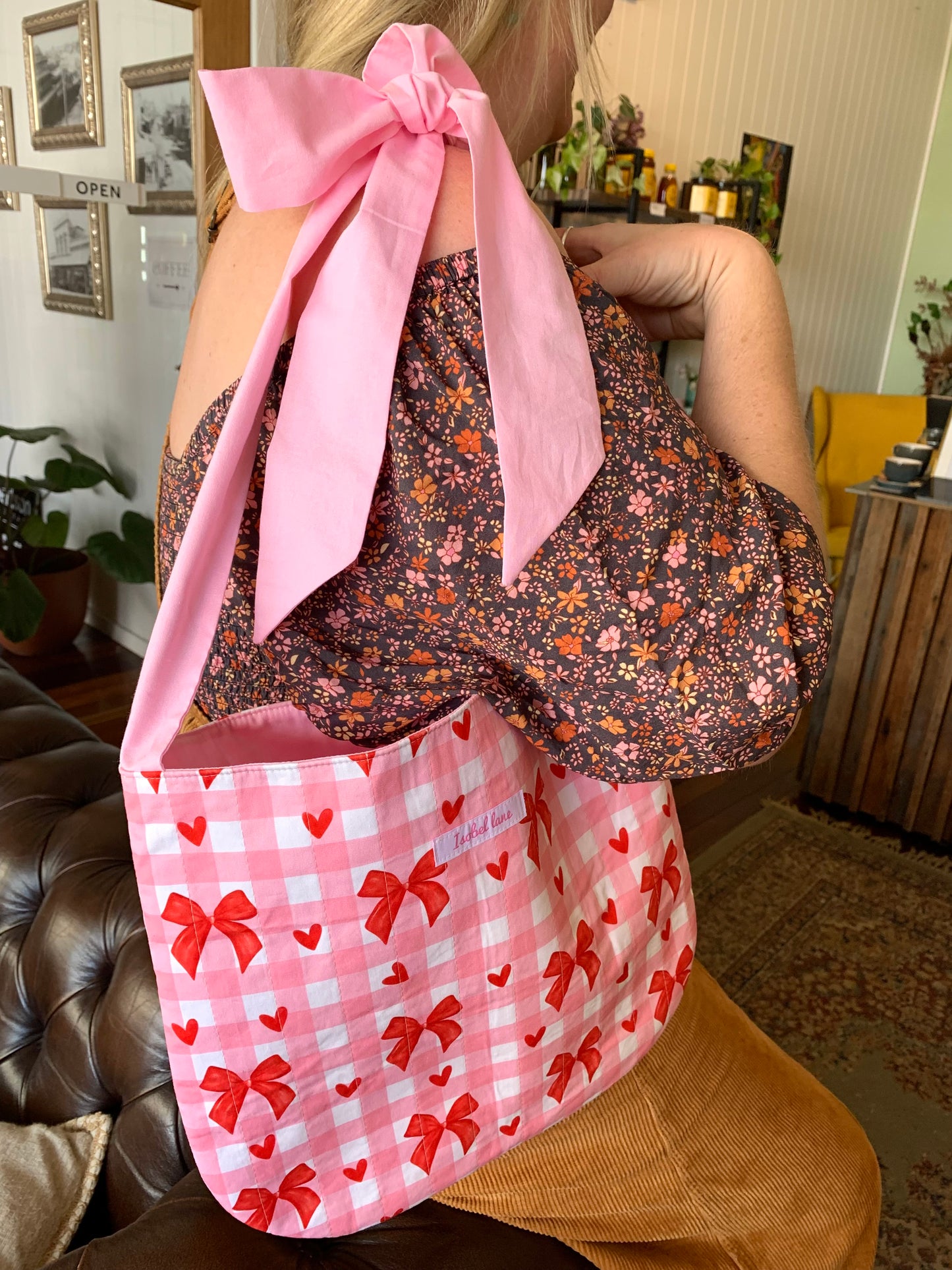 Pink Check & Red Bow Pink Tie Cotton Tote Bag