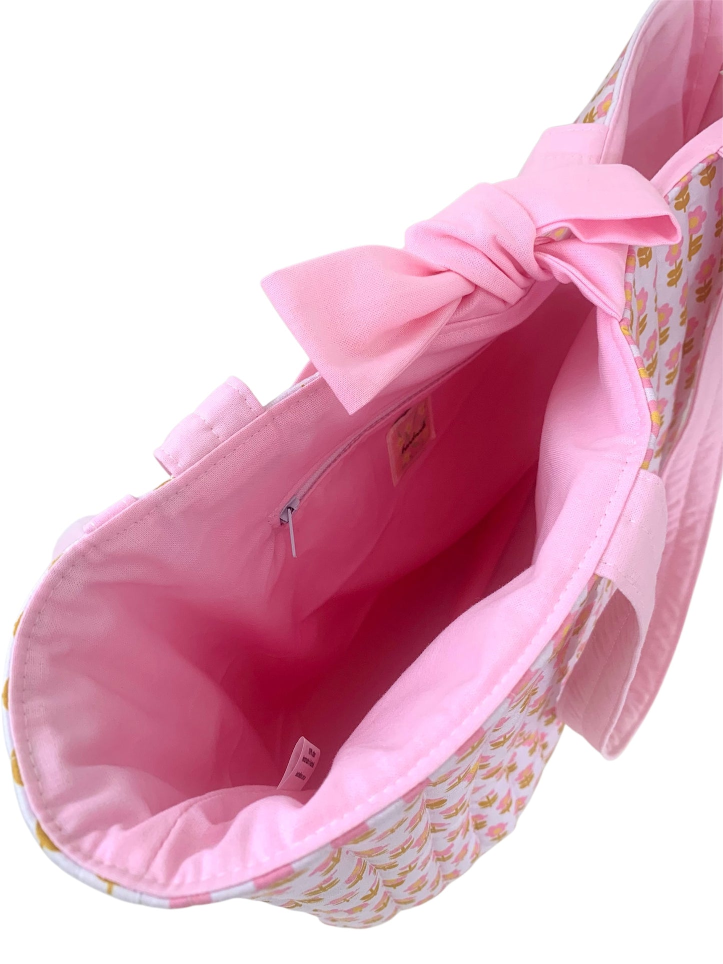 Pink Flower Quilted Cotton Day Tote Bag