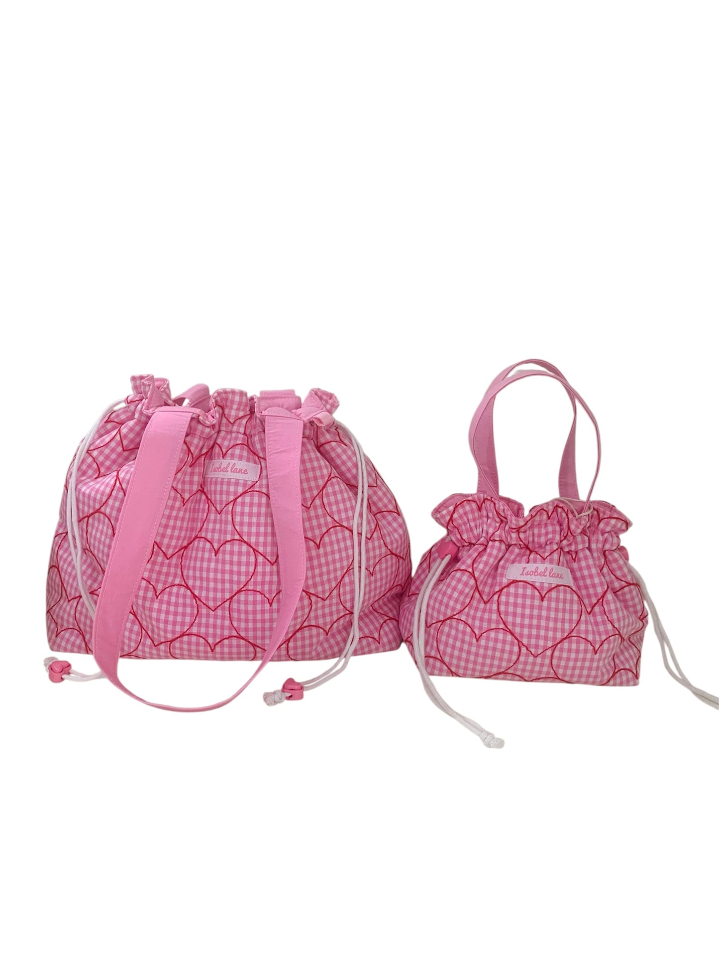 Pink Gingham Embroidered Red Heart Cotton SMALL Day Tote Bag