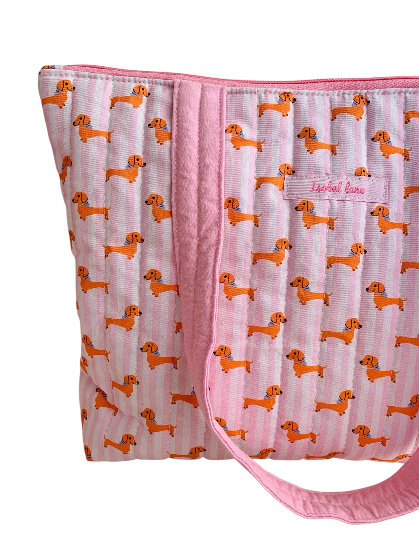 Pink Stripe Dachshund Sausage Dog Quilted Cotton Day Tote Bag