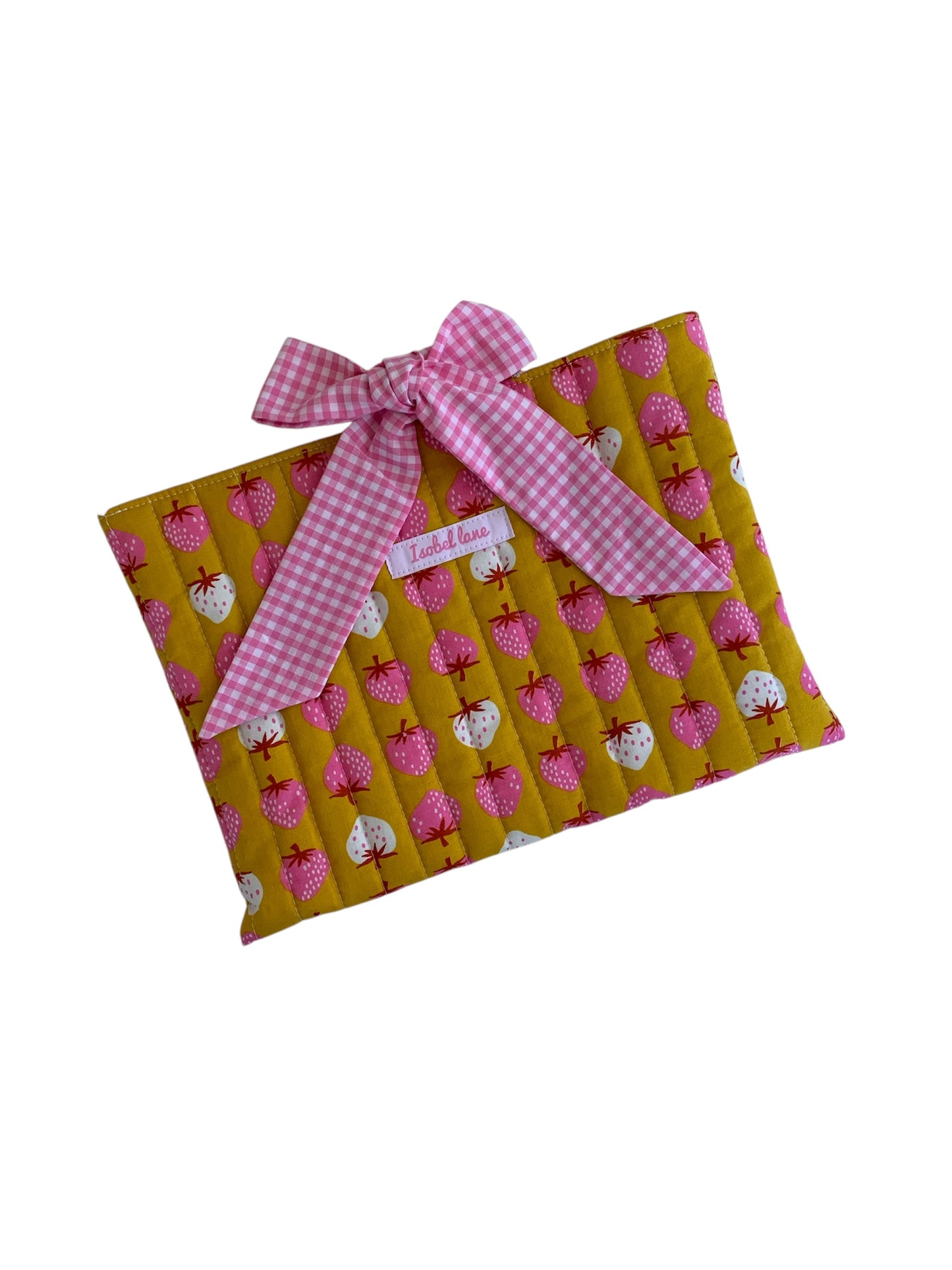 Pink Strawberry Gingham Quilted Book Sleeve