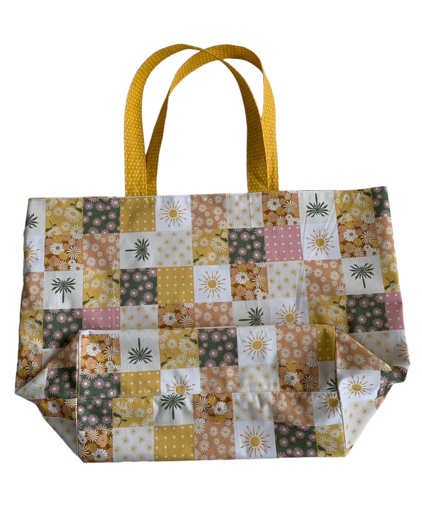 Boho Patchwork Style Mustard Spot Cotton Reusable Shopping Tote Bag
