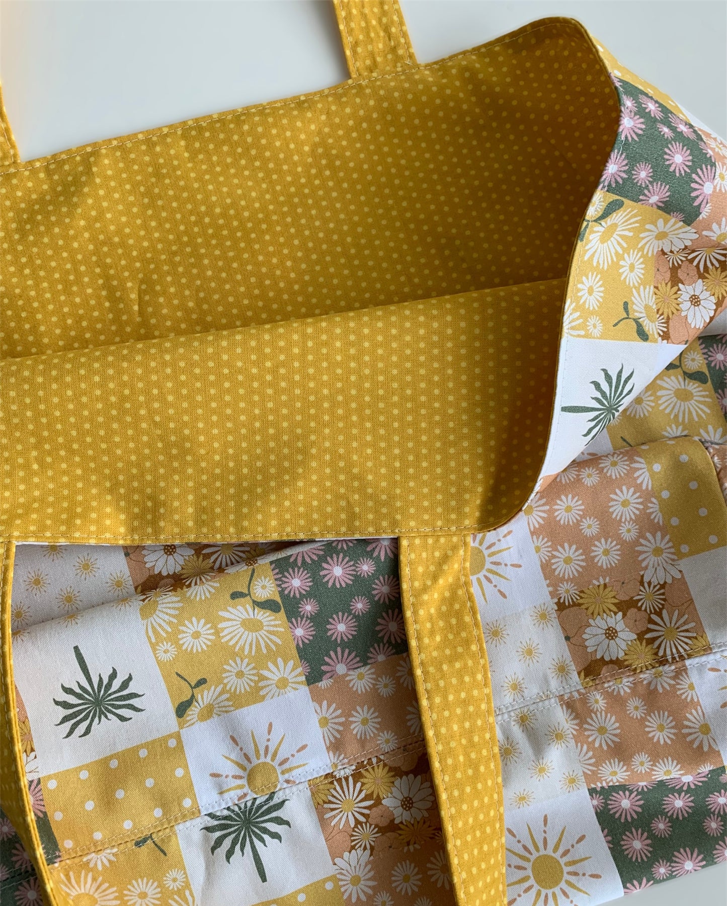 Boho Patchwork Style Mustard Spot Cotton Reusable Shopping Tote Bag