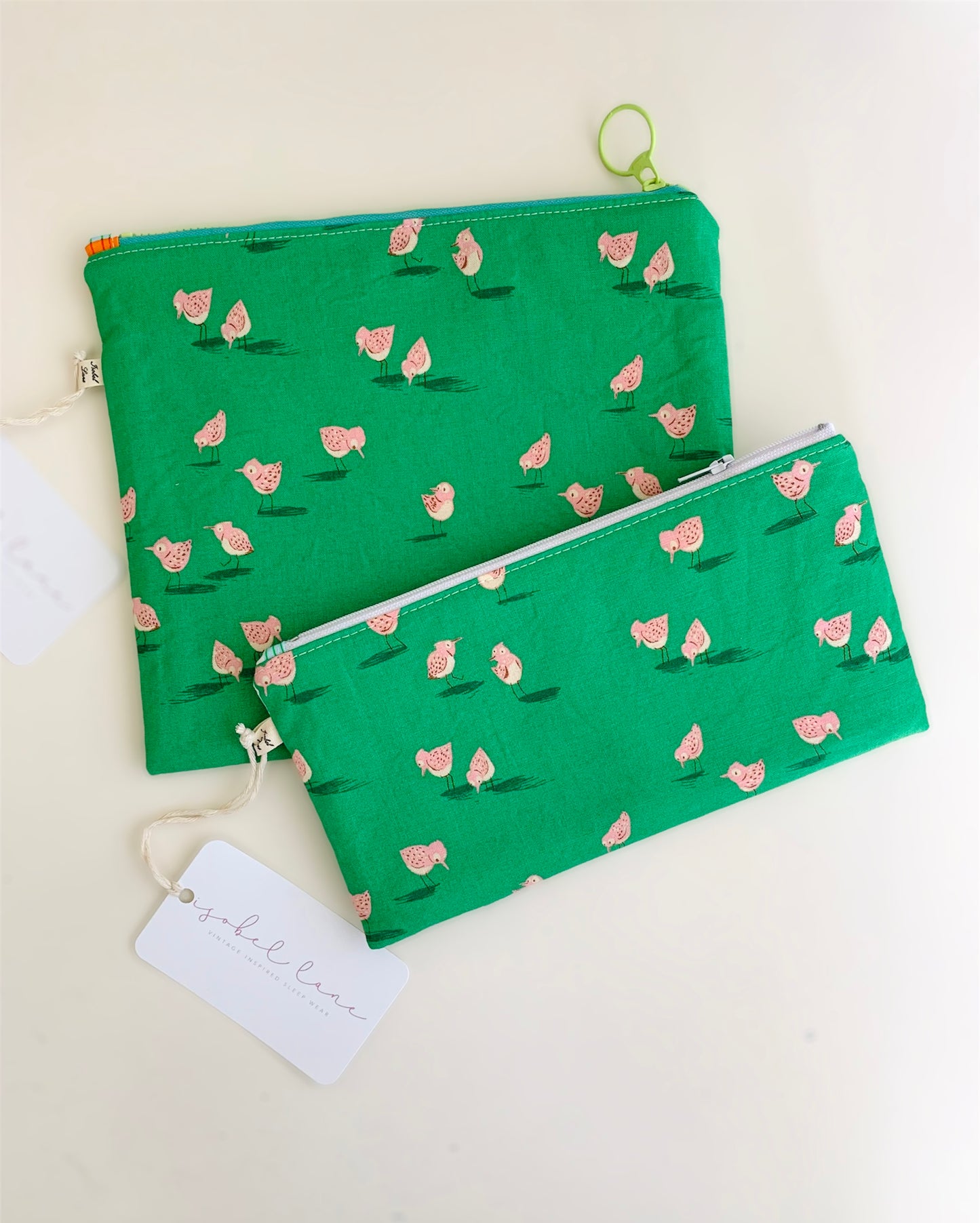 Bird Green Floral Zipper Pouch