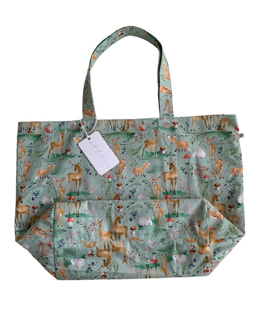 Woodland Animals Deer Rabbit Green Cotton Reusable Shopping Tote Bag