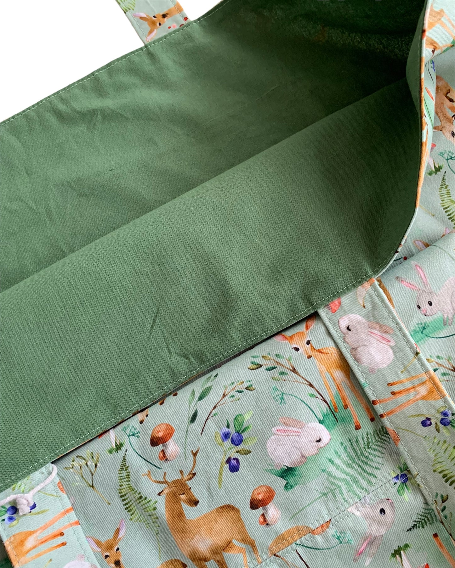 Woodland Animals Deer Rabbit Green Cotton Reusable Shopping Tote Bag