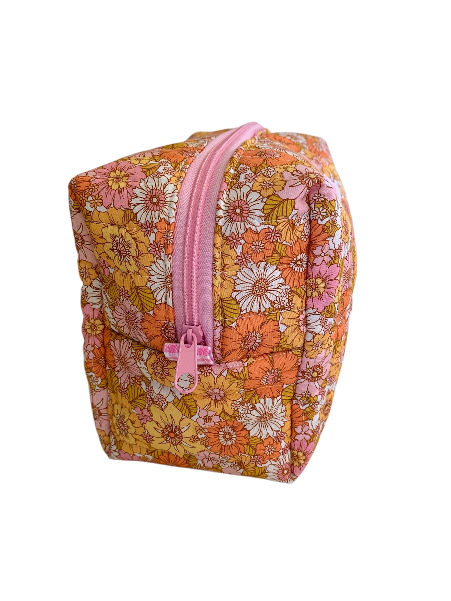 Large Pink Coral Mustard Floral Carry All Make Up Bag