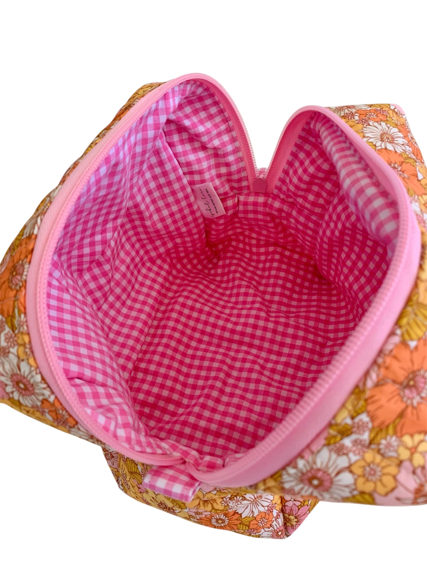 Large Pink Coral Mustard Floral Carry All Make Up Bag