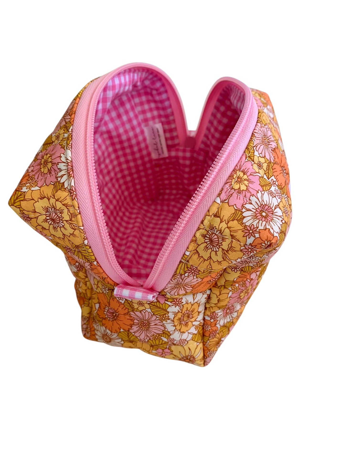 Medium Pink Coral Mustard Floral Carry All Make Up Bag