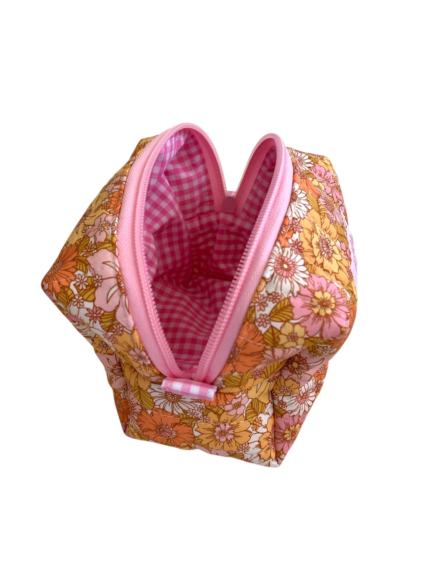 Small Pink Coral Mustard Floral Carry All Make Up Bag