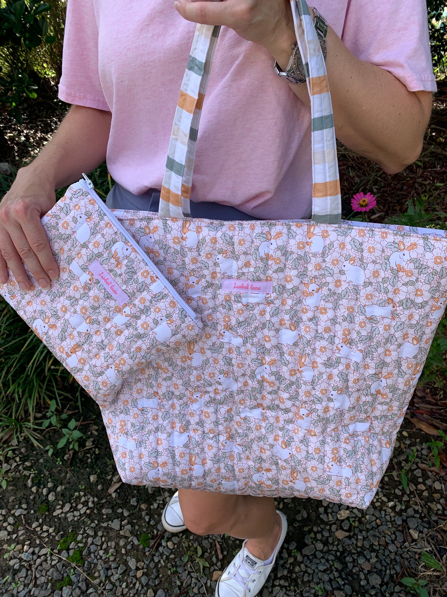 Rabbit Blossom Check Quilted Cotton Tote Bag