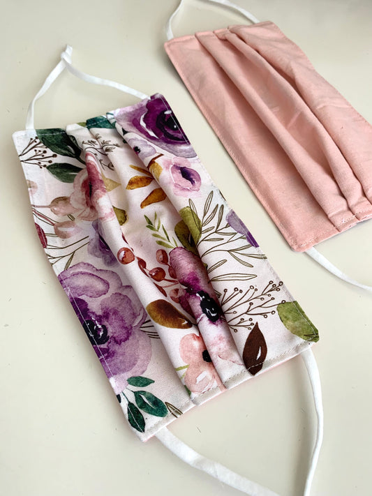 Purple Floral Flower Cotton Pleated Face Covering Mask