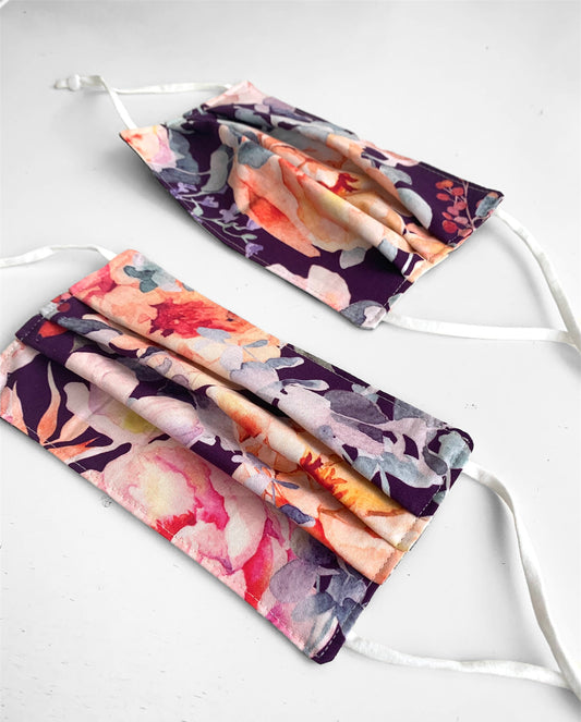 Purple Floral Cotton Pleated Face Covering Mask