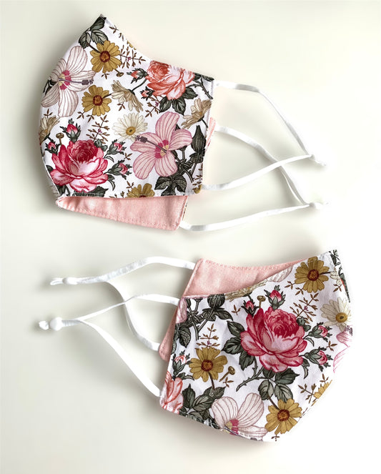 Pink Rose Floral Cotton 3 Layer Face Covering Mask