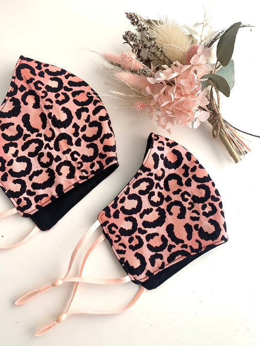 Pink And Black Leopard Print Cotton 3 Layer Face Covering Mask