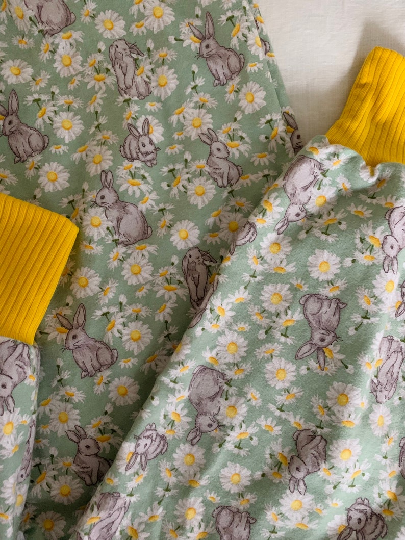 Womens Green Cotton Flannelette Bunny Rabbit Daisy Mustard Cuffs Pyjama Pants
