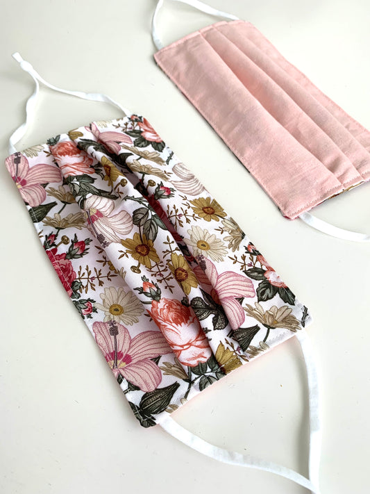 Pink Floral Rose Cotton Pleated Face Covering Mask
