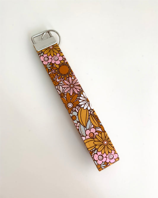 Pink Retro Floral Wristlet Key Chain