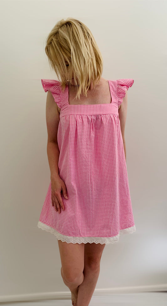 Womens Pink Gingham Baby Doll Cotton Nightie