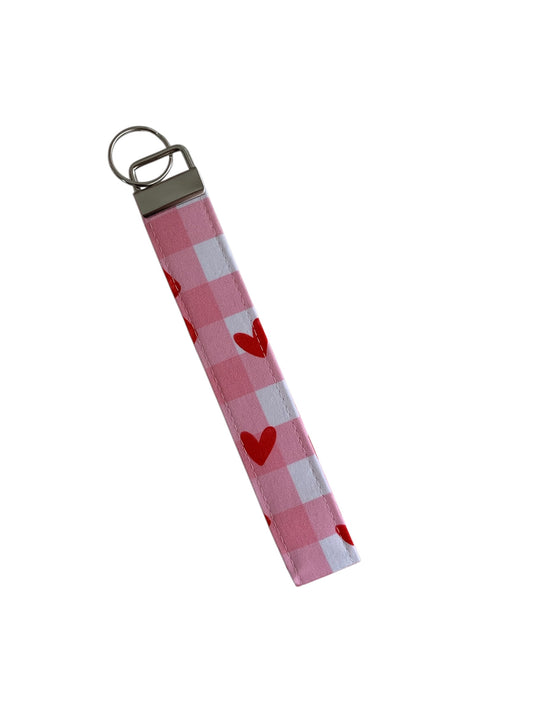 Pink Check & Red Heart Wristlet Key Chain