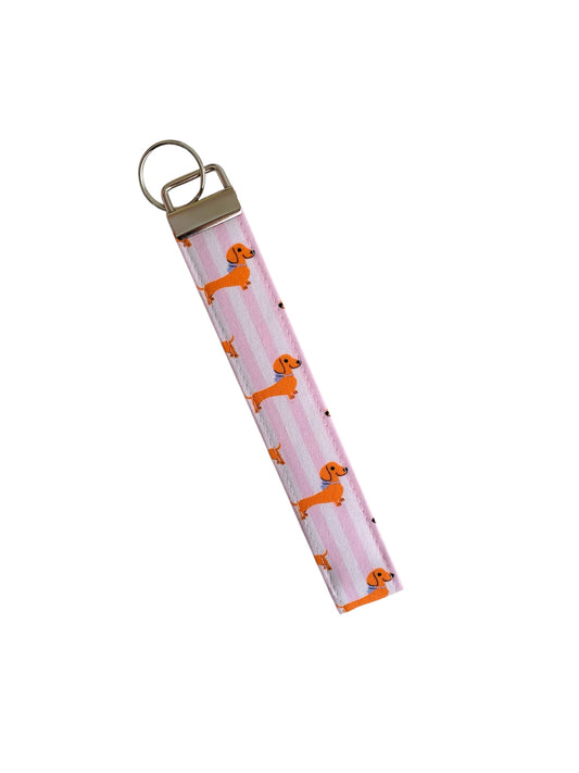 Pink Stripe dachshund Wristlet Key Chain