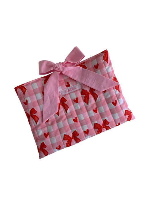 Pink Check & Red Bow Quilted Book Sleeve