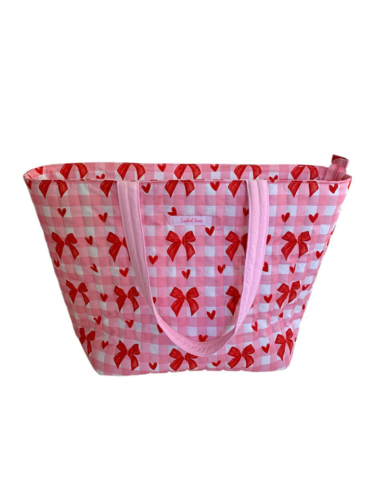 Pink Check & Red Bow Quilted Cotton Weekend Tote Bag