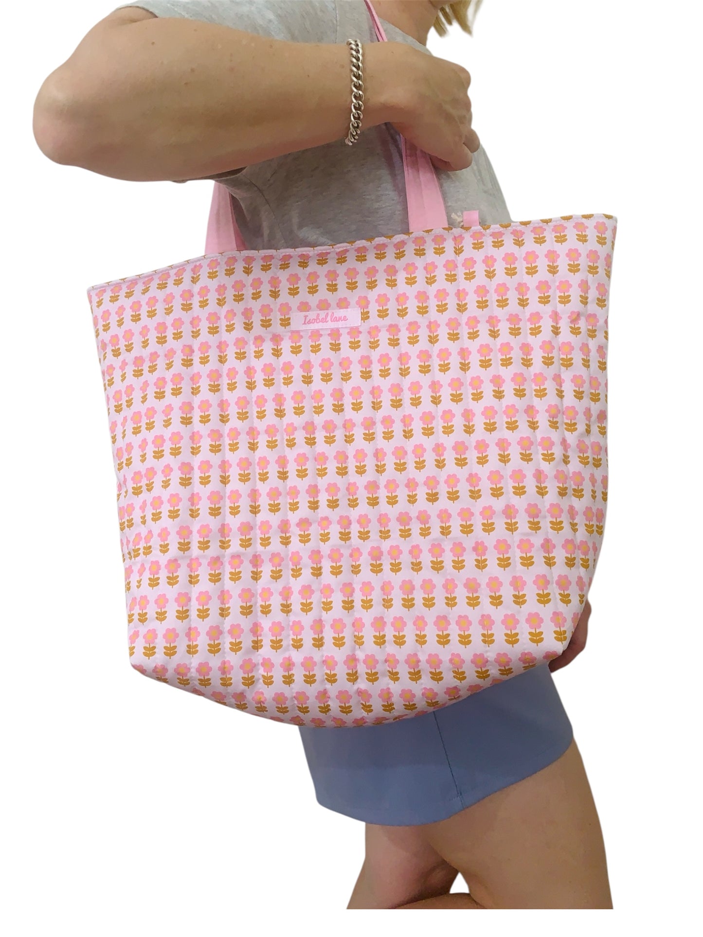 Pink Flower Quilted Cotton Weekend Tote Bag