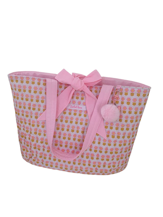 Pink Flower Quilted Cotton Day Tote Bag