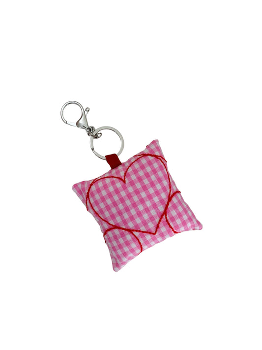 Pink Gingham Red Embroidered Heart Pillow Key Chain