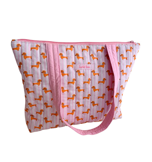 Pink Stripe Dachshund Sausage Dog Quilted Cotton Day Tote Bag