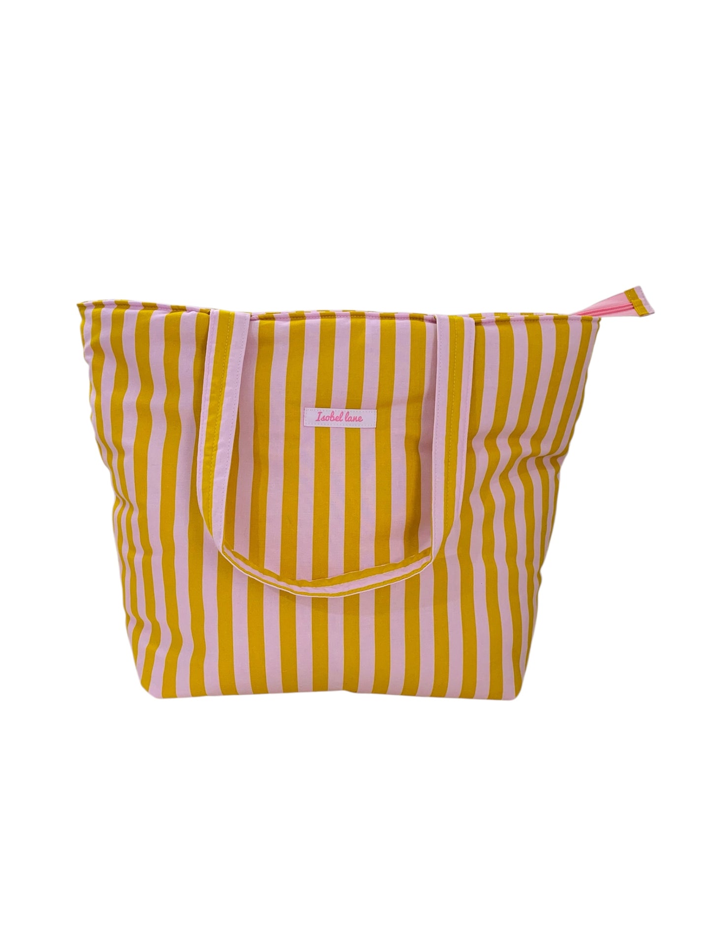 Pink And Mustard Stripe Cotton Weekend Tote Bag