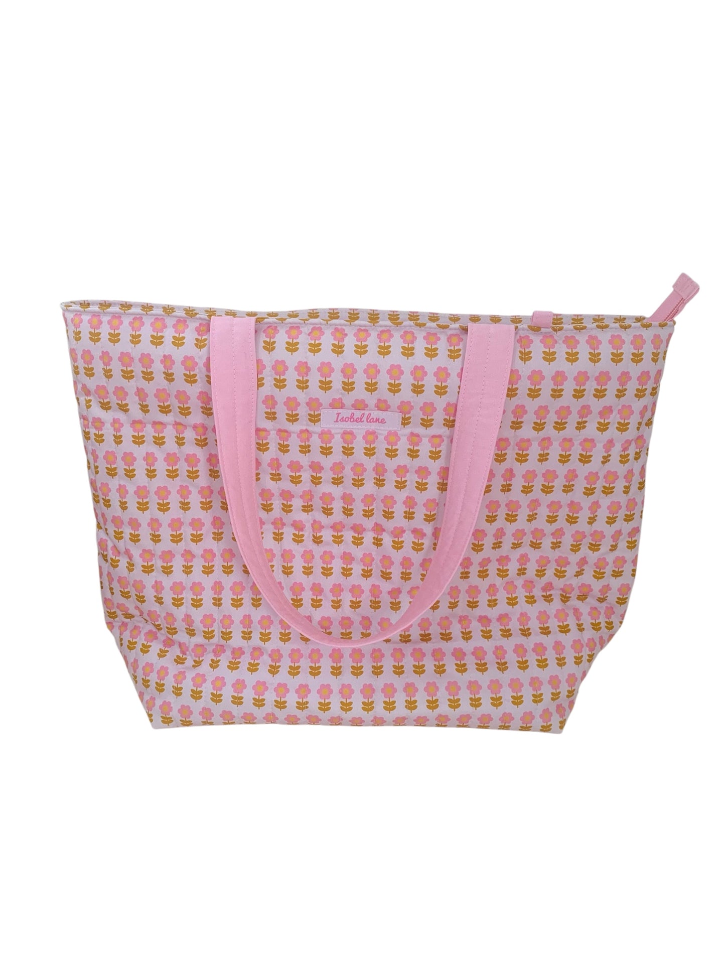 Pink Flower Quilted Cotton Weekend Tote Bag