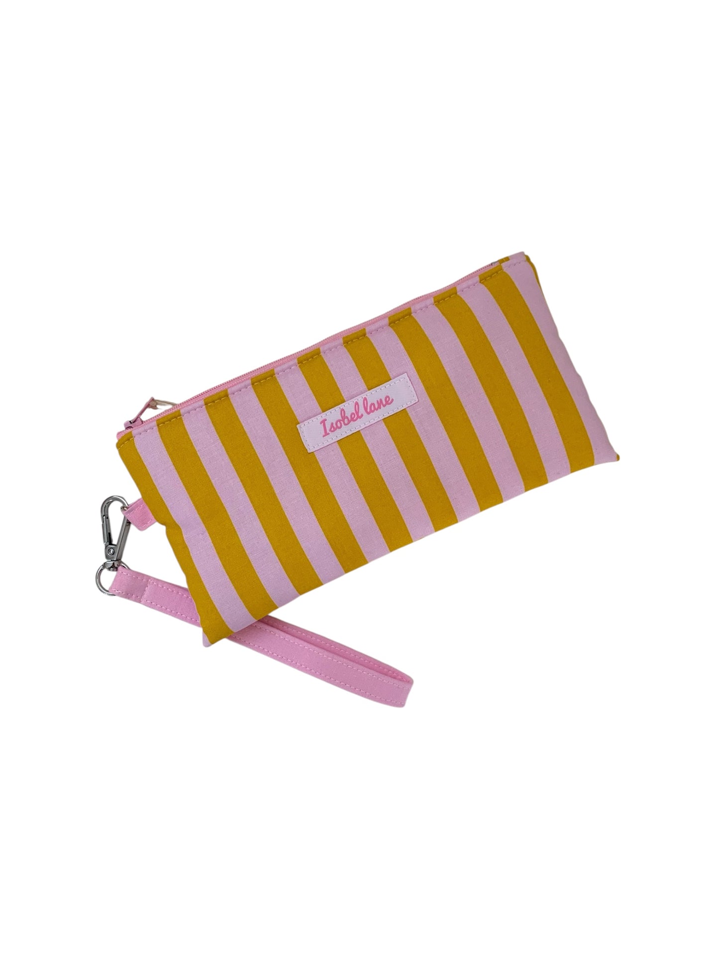 Pink And Mustard Stripe Wristlet Zipper Pouch Purse Clutch