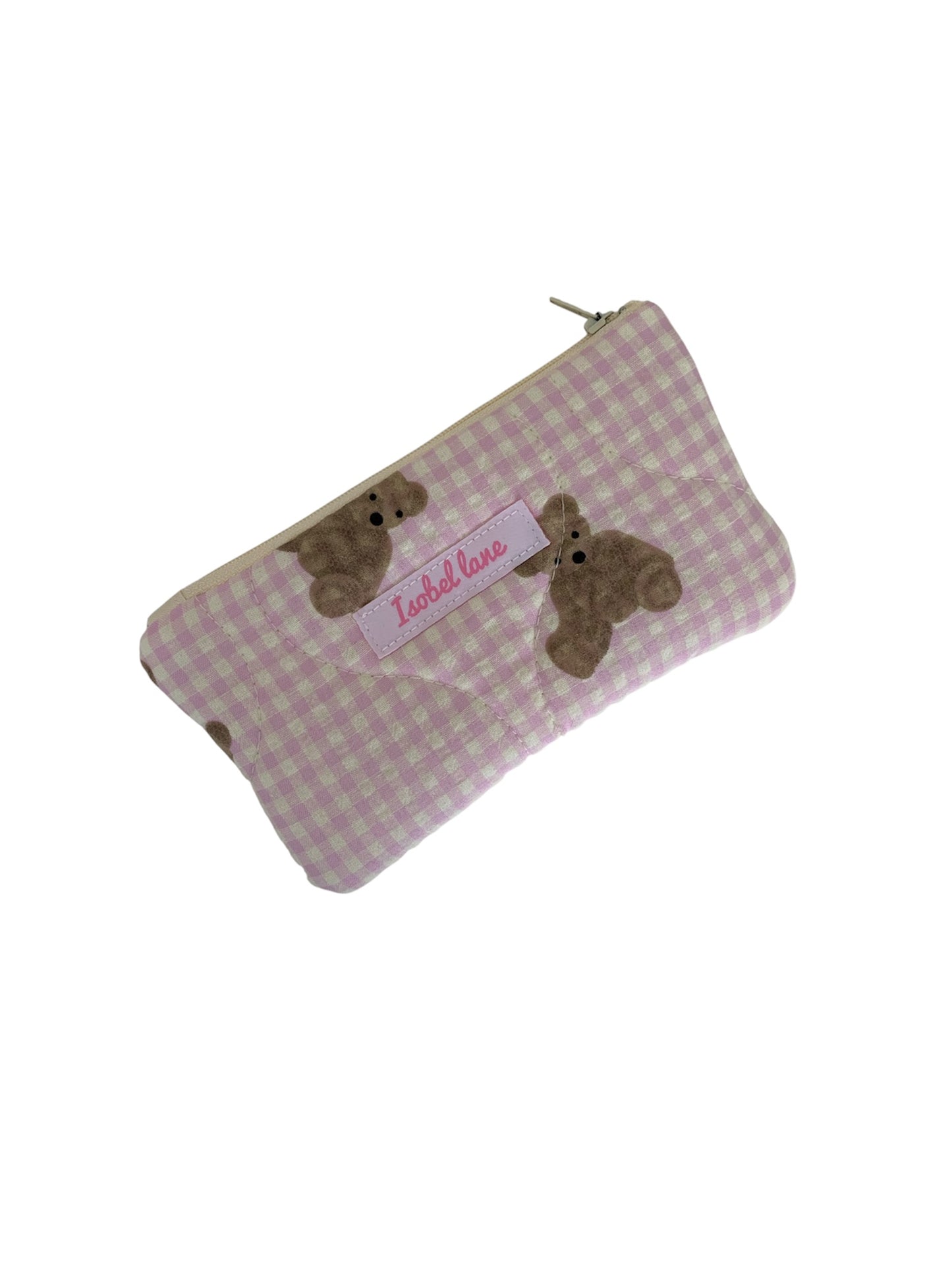 Pink Check Teddy Bear Quilted Zipper Purse