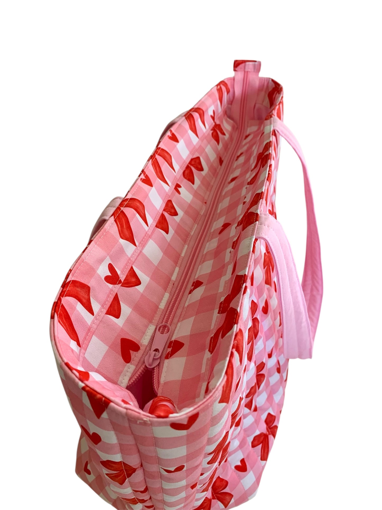 Pink Check & Red Bow Quilted Cotton Weekend Tote Bag