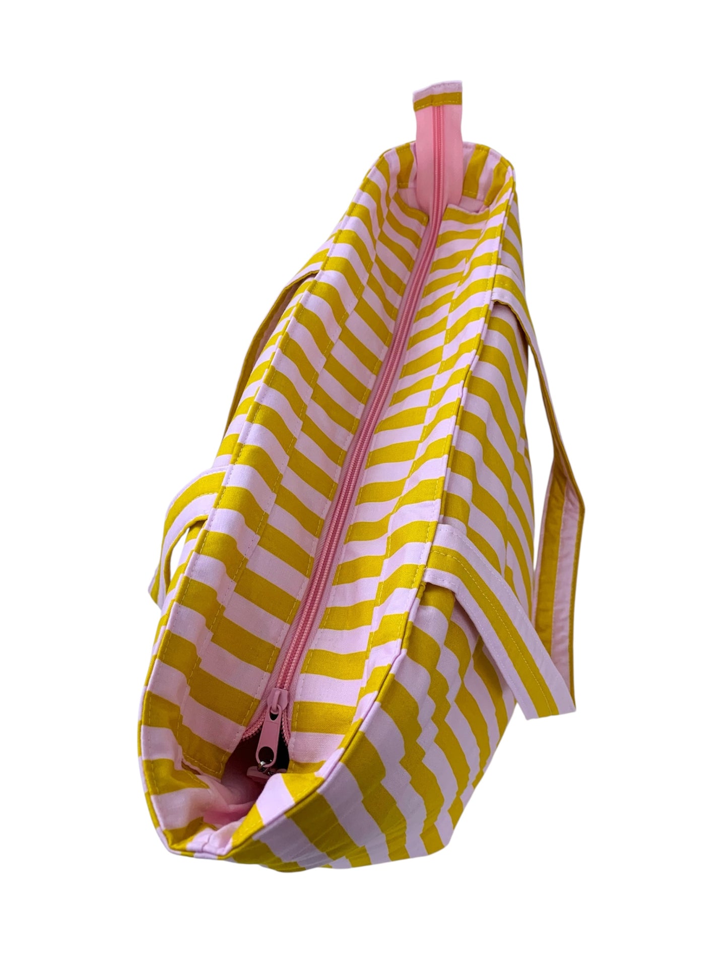 Pink And Mustard Stripe Cotton Weekend Tote Bag