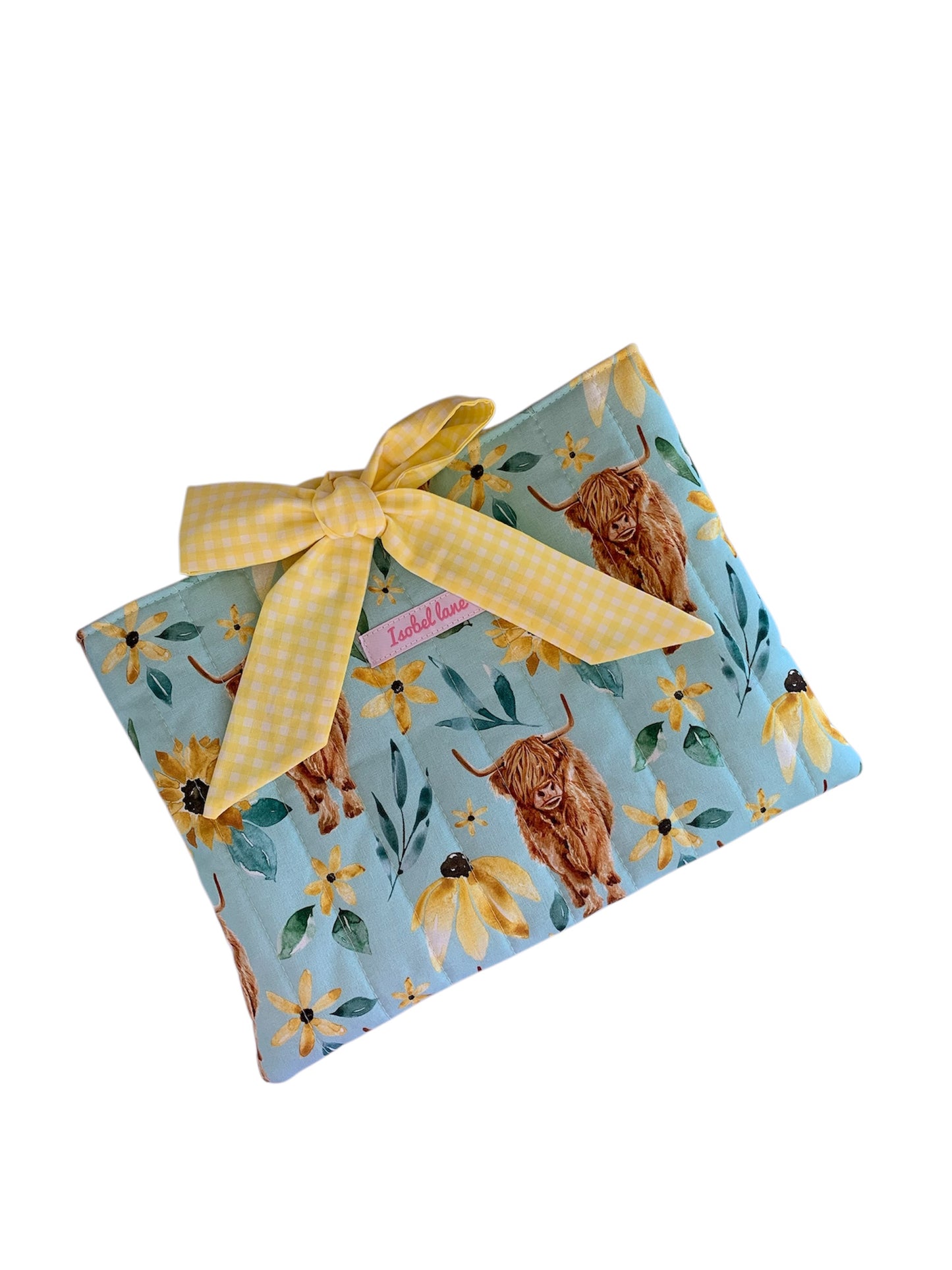 Highland Cow Sunflower Quilted Book Sleeve