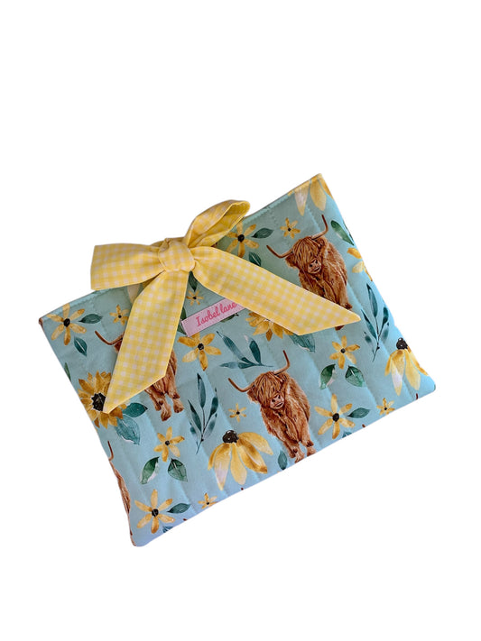 Highland Cow Sunflower Quilted Book Sleeve