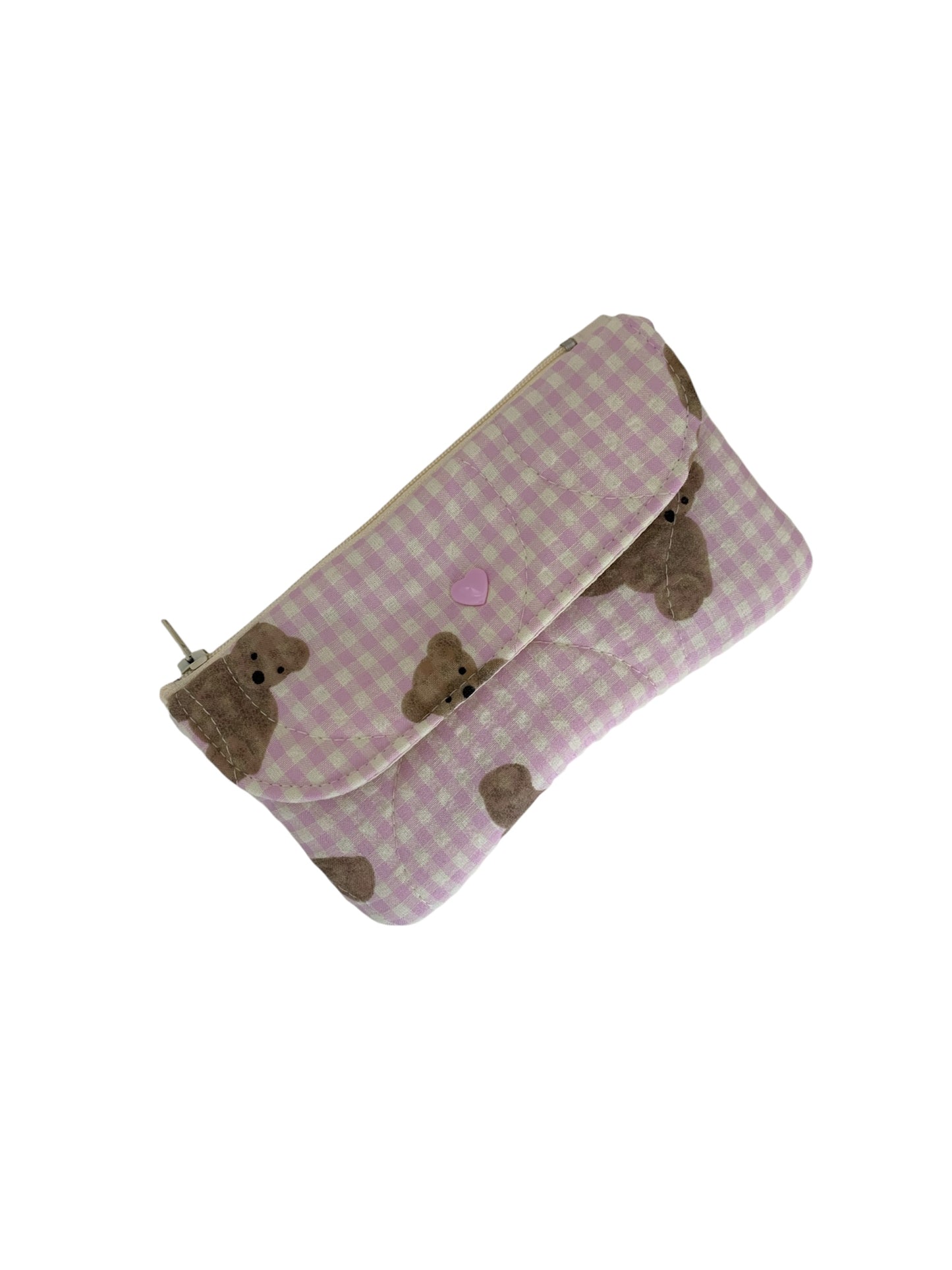 Pink Check Teddy Bear Quilted Zipper Purse