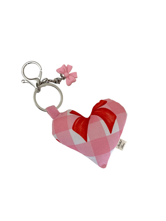 Pink Check and Heart Bow Charm Key Chain