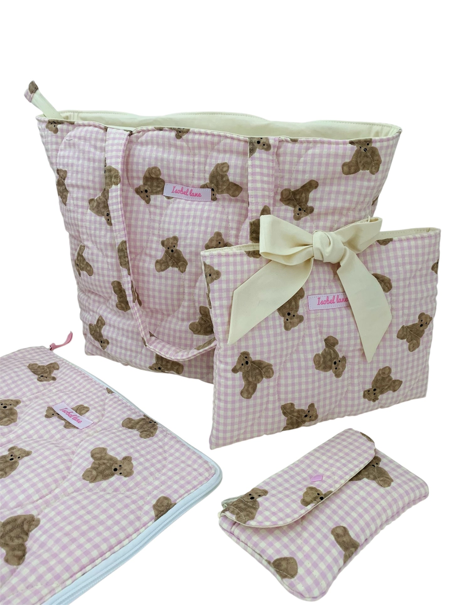 Pink Check Teddy Bear Quilted Cotton Weekend Tote Bag