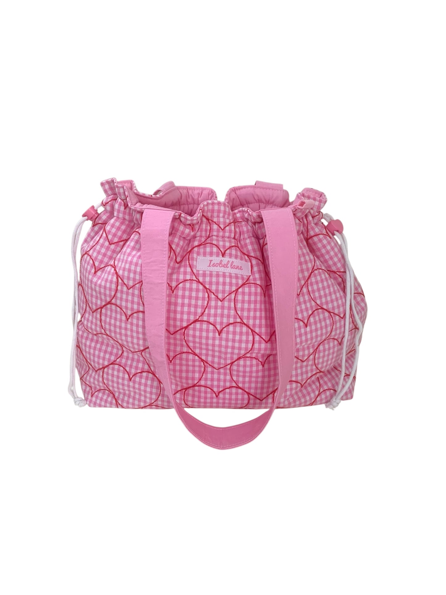 Pink Gingham Embroidered Red Heart Cotton SMALL Day Tote Bag