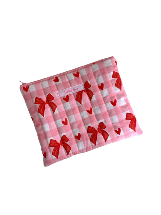 Pink Check & Red Bow Quilted Travel Pouch