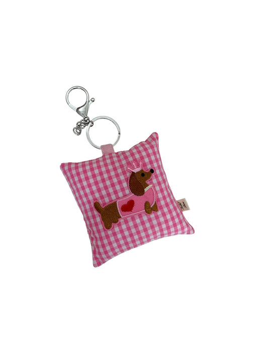 Sausage Dog Dachshund Pink Gingham Pillow Key Chain
