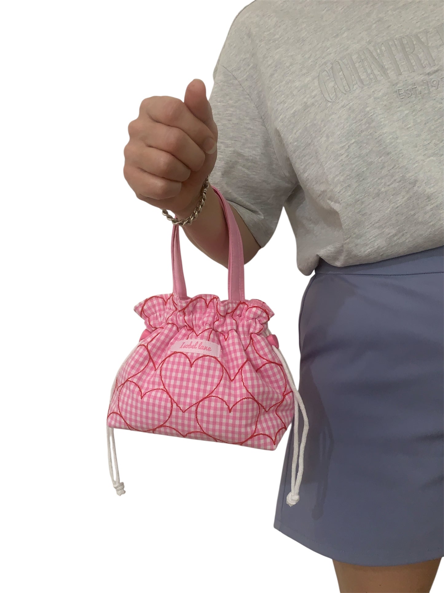 Pink Gingham Embroidered Red Heart MINI Grab And Go Bag