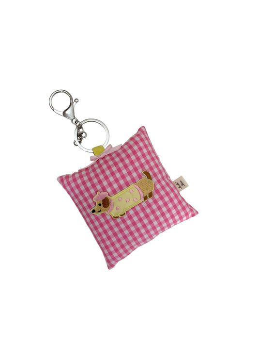 Sausage Dog Yellow Pink Gingham Pillow Key Chain