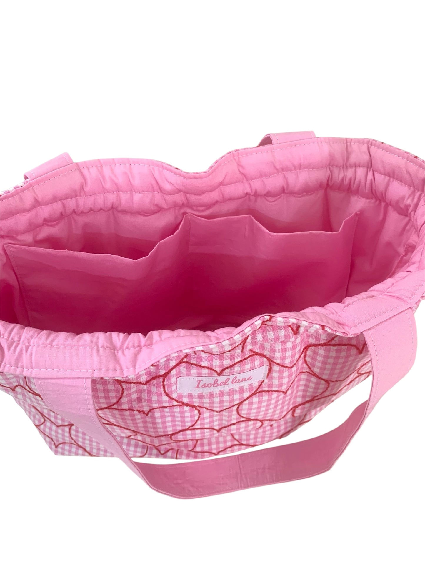 Pink Gingham Embroidered Red Heart Cotton SMALL Day Tote Bag