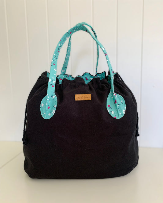Teal Floral Black Weekend Overnight Cotton Canvas Tote Bag